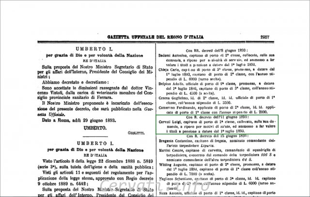  Gazzetta Ufficiale del Regno d'Italia num. 157 del 5 Luglio 1893 a pagina 5 pensione Luigi capitano di porto